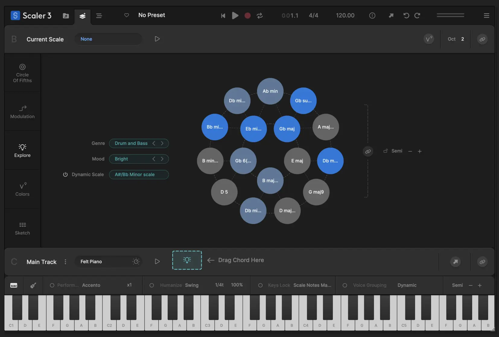 Use Scaler 3 to discover a Harmonic Universe of chords untied to any specific scale. Categorized by genre and feel the Explore page suggests compatible and experimental chord progressions, unlocking new paths for unique and bold harmonic structures.