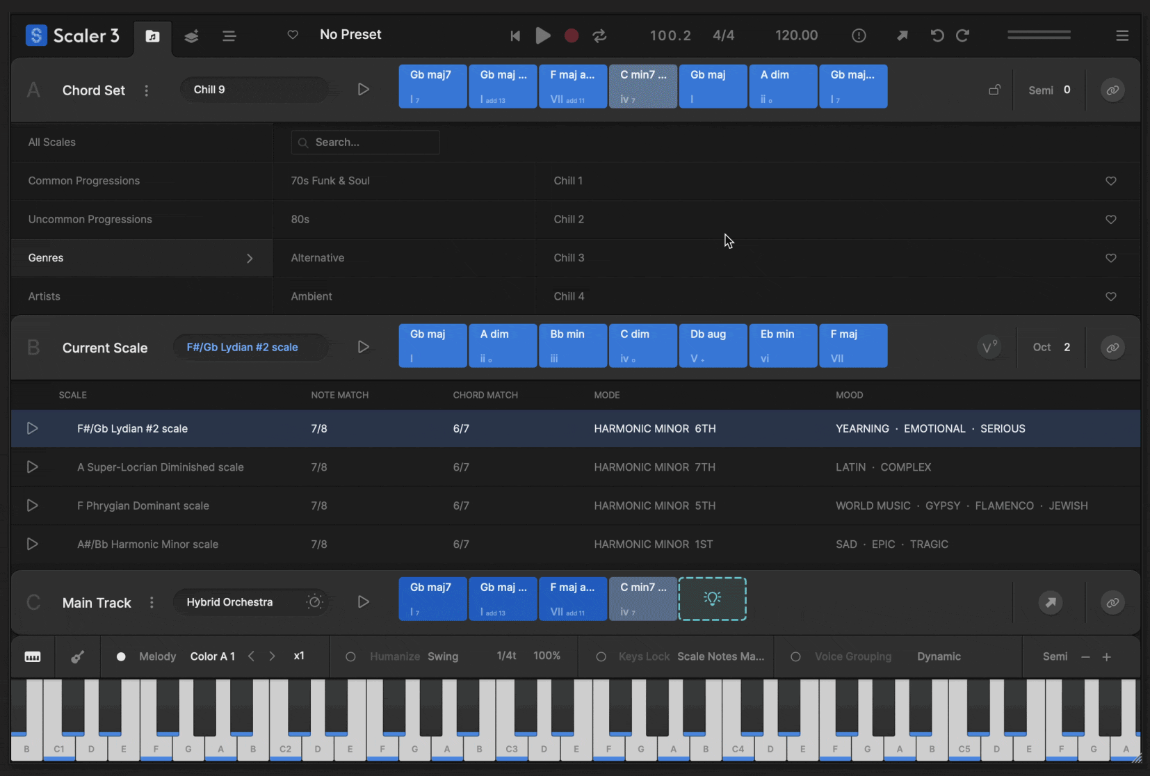 Scaler’s beloved Phrases, Performances, Melodies, and Basslines are reimagined as Motions, now with mood-based tags for easier browsing. Scaler 3 introduces hundreds of new Motions crafted by professional musicians, including the all-new Passages Motion.