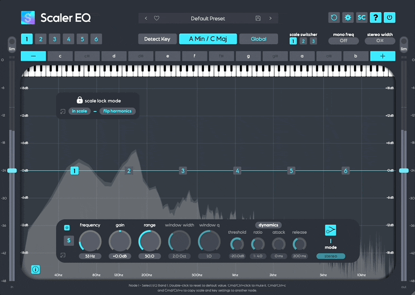 Thanks to its Harmonic Peak and ‘Plus/Minus’ filter types, performing a boost on Scaler EQ means only boosting frequencies that are in-key with the currently set scale. Making a cut with the same band will reduce only the out-of-key frequencies – although it can be set to cut in-key frequencies too, which can be helpful for mixing.