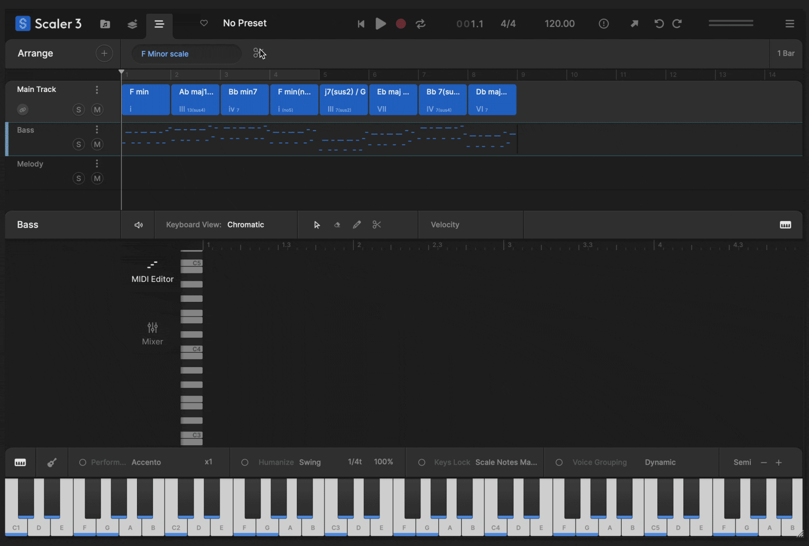 The Arrange page in Scaler 3 now includes a timeline-based layout with dedicated lanes for chords, melody, bass, and phrases. Each lane is synchronized with Scaler 3's main chord track, and clips are fully adjustable with independent control per lane or clip.