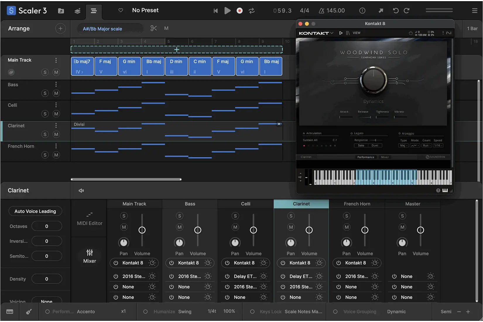 Scaler 3 lets you control how chord voices are split across instruments with full Divisi and voice allocation, sending upper and lower notes to separate Scaler instances for realistic ensemble writing and richer layering. The Bass Follow Track in Scaler 3 automatically generates basslines that follow the root of your chord track.