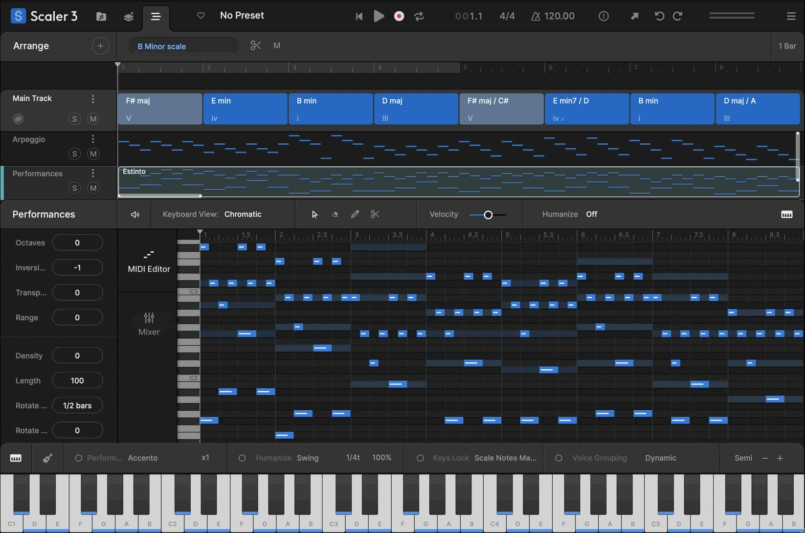 Scaler 3 offers a comprehensive note editing matrix allows users to customize or create new Motions. MIDI lanes can be set to follow or run independently of Chord Tracks, with new Harmonic Modifiers and Motion Controls to adjust note range, density, pitch, and clip rotation – all within the chosen scale.